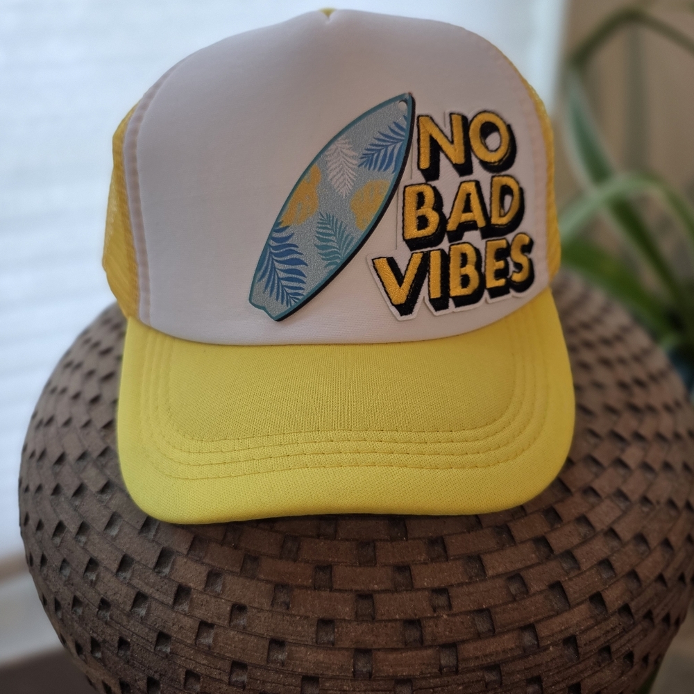 One Of A Kind Yellow & White 3D Surboard 'No Bad Vibes' Trucker Hat Small